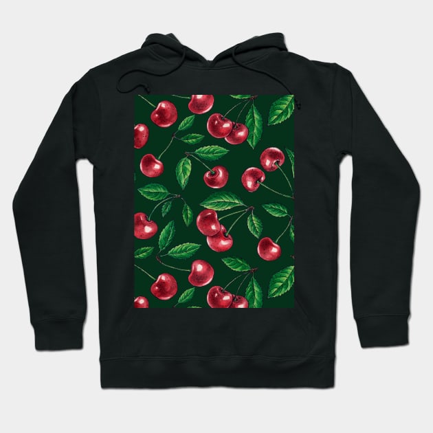 Red cherries on dark green Hoodie by katerinamk